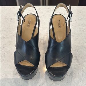 MICHAEL KORS Black Leather Wedge Sandals